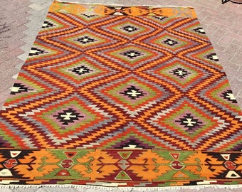 Colorful Kilim, Vintage Turkish rug, rugs, 90.5" x 66", bright colored area rug, vintage rug, bohemian rug, eccentric rug, rugs, green