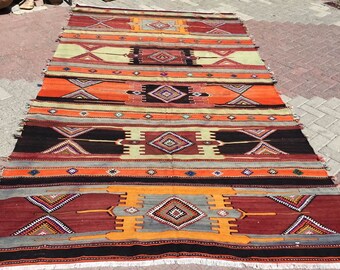 Oversized Kelim tapijt, grote oranje Kilim, 144" x 78", oranje tapijt, wollen tapijten, kelim tapijt, kelim tapijt, vintage tapijt, boho tapijt, Turks, 823x