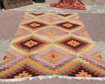 Alfombra Kilim turca, alfombra de área, 105 "x 70", alfombra kilim, kilim turco vintage, decoración de otoño, alfombra vintage, boho, alfombra turca, kilim rosa,