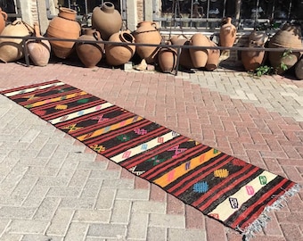 Corridore Kilim a strisce, 110" x 25,5", tappeto corridore kilim turco vintage, tappeto corridore, tappeto corridore boho, tappeto turco, tappeto, corridore boho, 313x