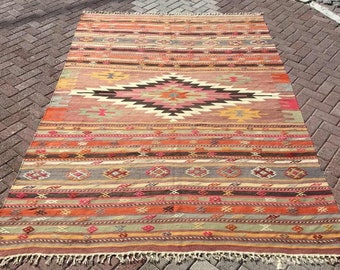 Turkish Kilim, Vintage Turkish rug, rugs, 113" x 79", earth tone area rug, vintage rug, bohemian rug, eccentric rug, rugs, pale, faded rug