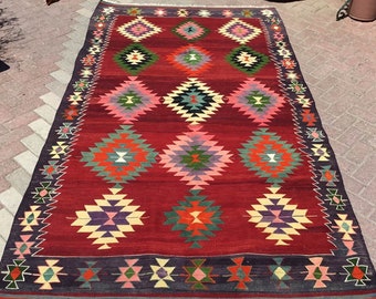 Rug, Red kilim rug, 114'' x 66'', red and NAVY rug, red area rug, Kilim rug, Vintage Turkish rug, kelim rug, bohemian rug, eccentric,