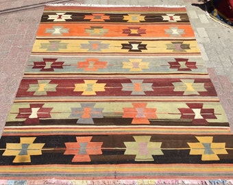 Kilim rug, 92.5'' x 71'', area rug, Turkish kilim, rugs, Pale colored area rug, bohemian rug, eccentric rug, neutral kilim, orange rug,