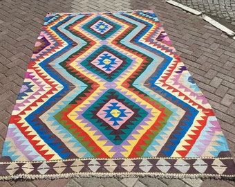 Bright Kilim, pink kilim, blue kilim, Vintage Turkish rug, 115" x 74"", vintage rug, bohemian rug, eccentric rug, purple, 847x