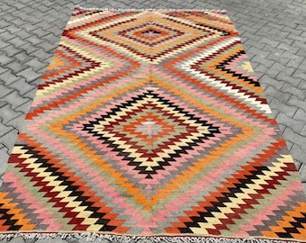 Turkish Kilim Rug, area rug, 115"x 74" , Vintage Turkish kilim, vintage rug, bohemian, Turkish,  pink kilim, 2024 home decor, diamond, KILIM