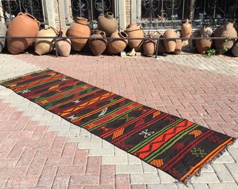 Kilim runner, runner rug,  112" x 31.5", Vintage Turkish kilim runner rug, runner rug, bohemian runner rug, Turkish rug, boho runner, 241x