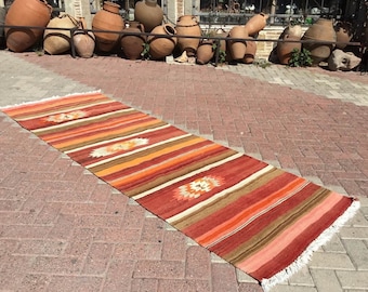 Kilim runner, Striped kilim runner, 103" x 35", Vintage Turkish kilim runner, runner, vintage hallway runner, bohemian runner, red orange