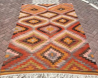 Turkish Kilim Rug, area rug, 105.5"x 69" , kilim rug, Vintage Turkish kilim, fall decor, vintage rug, bohemian, Turkish rug, pink kilim,