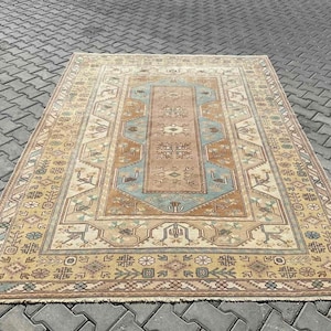 Large Area rug, 110&quot; x 80&quot;, Distressed Antique Oushak Rug, Oushak rug, neutral rug, Vintage rug, distressed rug, area rug, Turkish rug, 213x
