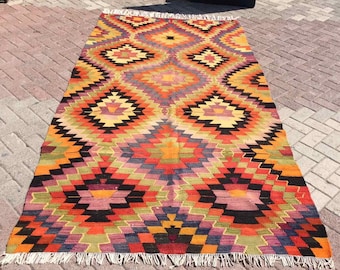 Turkish Kilim Rug, area rug, 115"x 66" , Vintage Turkish kilim, vintage rug, bohemian, Turkish rug,  kilim, 2021 home decor, diamond, 631x