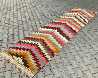 Colorful Kilim runner, 149" x 40", Turkish kilim runner rug, vintage runner, bohemian runner, Turkish rug, kitchen runner, hand made, 278x