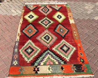 Kleurrijk Kelim-tapijt, Vintage Turks kilim-tapijt, 96" x 57", vintage tapijt, boho-tapijt, Turks tapijt, tapijt, grote tapijten, oranje en rood, kelim