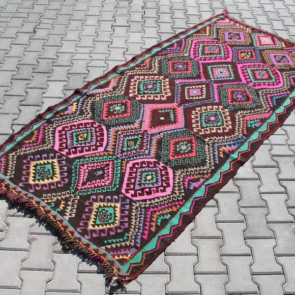 Turkish Kilim rug, pink kilim rug, 106" x 50", kelim,  vintage rug, bohemian rug, Turkish rug, Teal, purple kilim, hot pink rugs, 634x