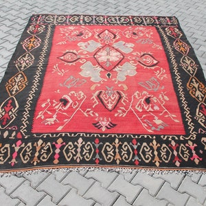 Turkish Kilim Rug, 108&quot; x 84&quot;, red and black rug, 7x9 area rug, hand woven, organic wool, turkish rug, red rug, black kilim rug, kelim, 810x