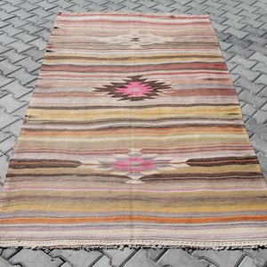 Turkish Kilim Rug, area rug, 104&quot;x 56&quot; , Vintage Turkish kilim, vintage rug, bohemian, Turkish,  mustard, brick red, pink kilim, pale rug