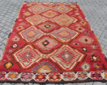 Kilim rug, large area rug. 130"x75.5" Vintage Turkish kilim rug, area rug, kilim rug, vintage rug, bohemian rug, Turkish rug, red kilim rug