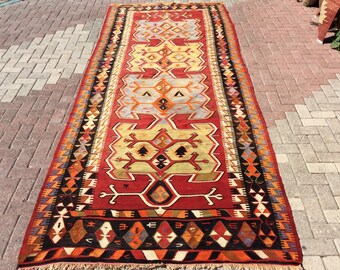 Red Kilim rug, Vintage Turkish kilim rug, 156" x 62", area rug, kilim rug, kelim rug, vintage rug, bohemian rug, Turkish rug, rug, red,