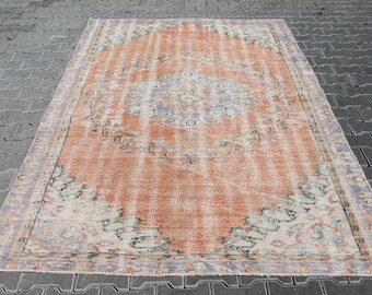 Distressed Oushak Rug, area rug, 113"x66", Oushak rug, neutral color rug, Faded rug, Vintage area rug, distressed area rug, burnt orange