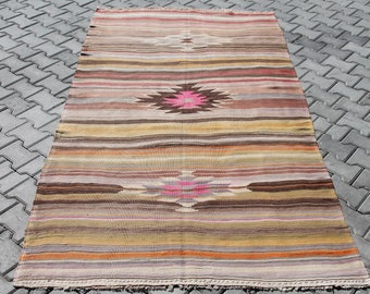Turkish Kilim Rug, area rug, 104"x 56" , Vintage Turkish kilim, vintage rug, bohemian, Turkish,  mustard, brick red, pink kilim, pale rug