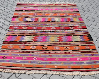 Vintage Turkish kilim rug, 87.5" x 72.5", colorful area rug, kilim rug, kelim, unique design, bohemian rug, Turkish rug, medium, small kilim