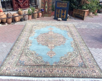 Tappeto di grande area, 151" x 103", tappeto Oushak antico invecchiato, tappeto Oushak, tappeto blu, tappeto vintage, tappeto invecchiato, tappeto, tappeto turco blu, 109x