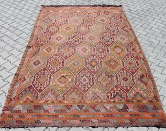 Weicher Kelim Teppich, 123"x 79" Türkischer Kelim Teppich, Rosa Bereich Teppich, Kelim Teppich, Vintage Teppich, Boho Teppich, Türkischer Teppich, Teppich