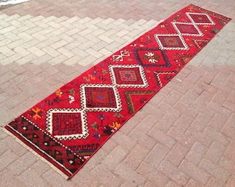 Dywan typu Runner, turecki, 129" x 25", Dywan tkany ręcznie w stylu vintage, czerwony dywan do przedpokoju, dywan typu Runner, dywan vintage, dywan typu Runner, 052x