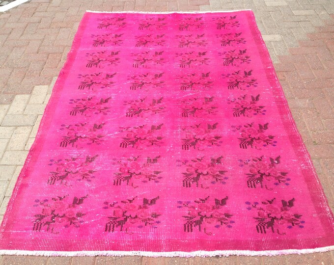 HOT PINK RUG, Pink Over Dyed Rug, 89 X 61, Vintage Area Rug, Solid