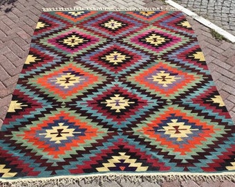 Zig zag pattern area rug, 97.5'' x 76'', Kilim rug, Vintage Turkish rug, rugs, area rug, rug, vintage rug, bohemian rug, eccentric rug, 715