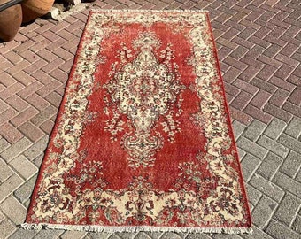 Rood Boho Vloerkleed, 87" x 48.5"' Vloerkleed, Vintage vloerkleed, Anatolische vloerkleden, handgeknoopt vloerkleed, Turks vloerkleed, kleine vloerkleden, oosters vloerkleed, rode vloerkleden,129x