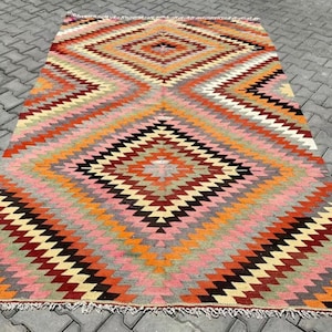 Turkish Kilim Rug, area rug, 115x 74 , Vintage Turkish kilim, vintage rug, bohemian, Turkish, pink kilim, 2024 home decor, diamond, KILIM image 1