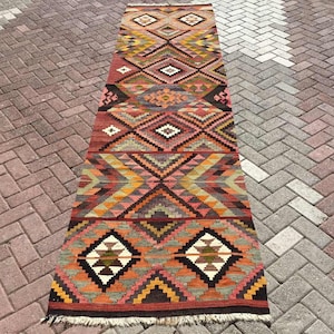 Oversized Kilim runner, Vintage Turkish kilim runner rug,144&quot; x 39&quot;, runner rug, vintage runner, bohemian runner rug, Turkish rug, boho,269x