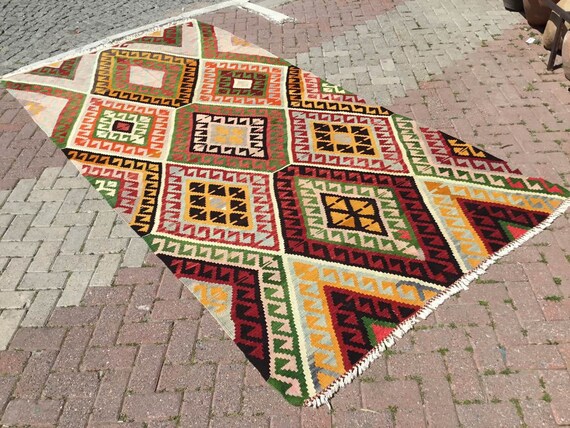 Diamond Design Kilim Rug, 136'' X 67'' Vintage Turkish Rug Diamond Design Kilim Rug, 136'' X 67'' Vintage Turkish Rug