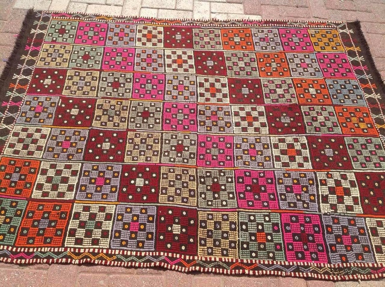 Kilim Rug Muted Purple Green and Red Embroidered Kilimrug Etsy