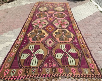 OVERSIZED Pink and Burgundy Kilim rug, 177'' x 68'', Vintage Turkish rug, rugs, area rug, vintage rug, large eccentric rug, anatolian , 842x