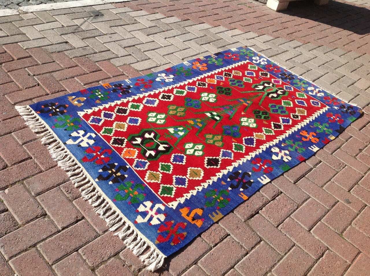 Small Kilim Rug 74 X 43 Blue Kilim Vintage Etsy