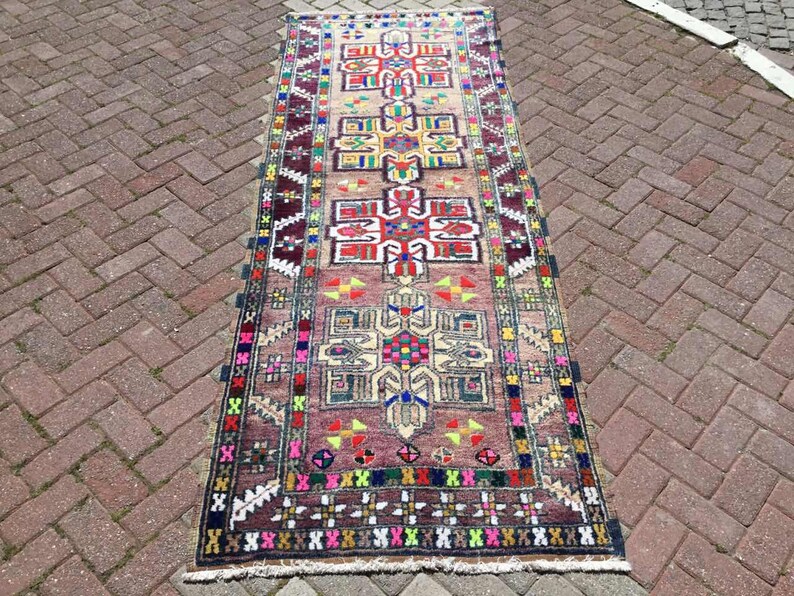 Turkse loper, loper loper, Oushak loper, 110 x 39 inch, loper in gedempte kleur, handgeknoopt tapijt, licht tapijt, loper unieke kleur, paars, 208 x afbeelding 2