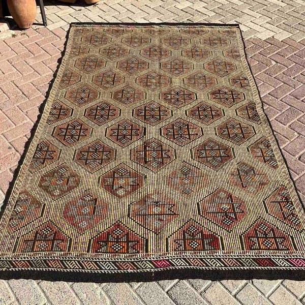 RUSTIC area rug, 96" x 65"  Muted color Kilim rug, Kilim rug 5x8, area rugs 5x8, 5x8 Turkish rug, Vintage Turkish kilim rug, geometric rugs,