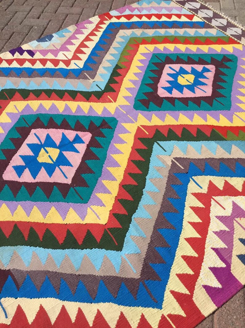 Bright Kilim Pink Kilim Blue Kilim Vintage Turkish Rug Etsy