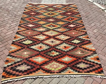 Bohemian Kilim Rug, 121" x 73", Vintage Turkish kilim rug, area rug, kilim rug, vintage rug, bohemian rug, Turkish rug, rug, sale,