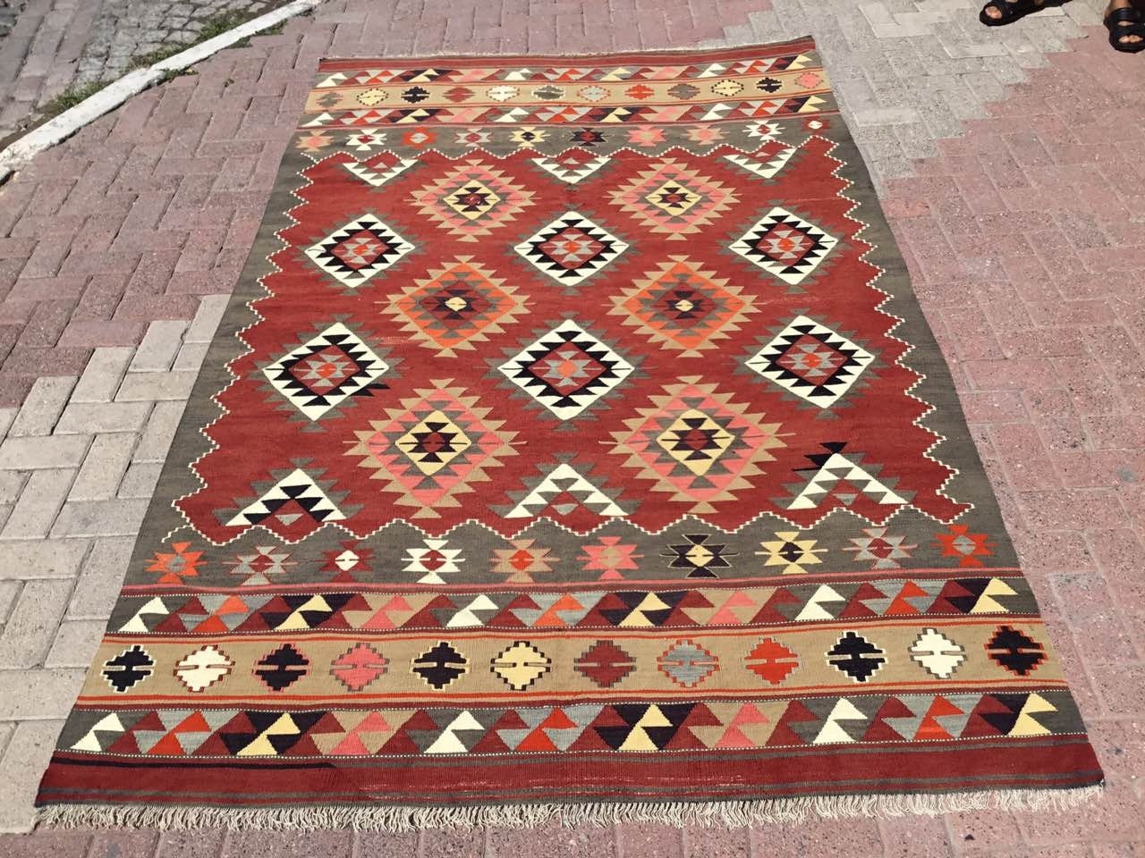 Tapis, Tapis Kilim Rouge, 108 X 67, Rouge et Gris, Kilim, Turc Vintage, Kelim, Boho, Excentrique, 10