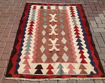 Brown and burgundy rug, Small size kilim rug, Vintage Turkish rug, pastel kilim rug, kelim, vintage rug, bohemian, rug, 036x, 64" x 46"