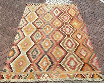 Turkish Kilim rug, vintage rug, 113" x 75", pale color rug, area rug, Kilim rug, Vintage rug, faded kelim rug, vintage bohemian rug, PALE