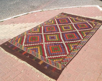 Large Kilim rug, 118'' x 70.5'' , Vintage Turkish kilim rug, area rug, kelim rug, vintage rug, bohemian rug, Turkish rug, rug, geometric,469
