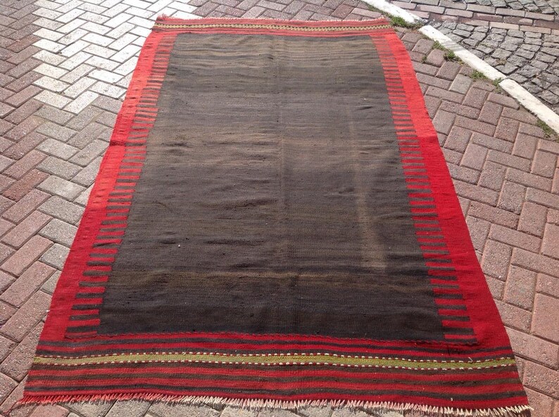 Navy Blue And Red Vintage Turkish Kilim Solid Area Rug Kelim Bohemian Plain Faded 119x