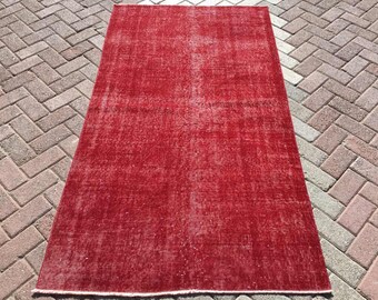 ヴィンテージ トルコ製ウールラグ、オーバーダイ クラレットレッド