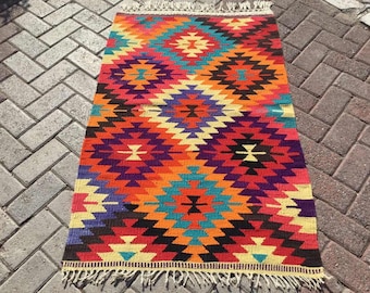 Vintage Turkish kilim rug, 49" x 35", colorful area rug, kelim rug, bohemian rug, Turkish rug, small rug, small kilim , diamond, 22x