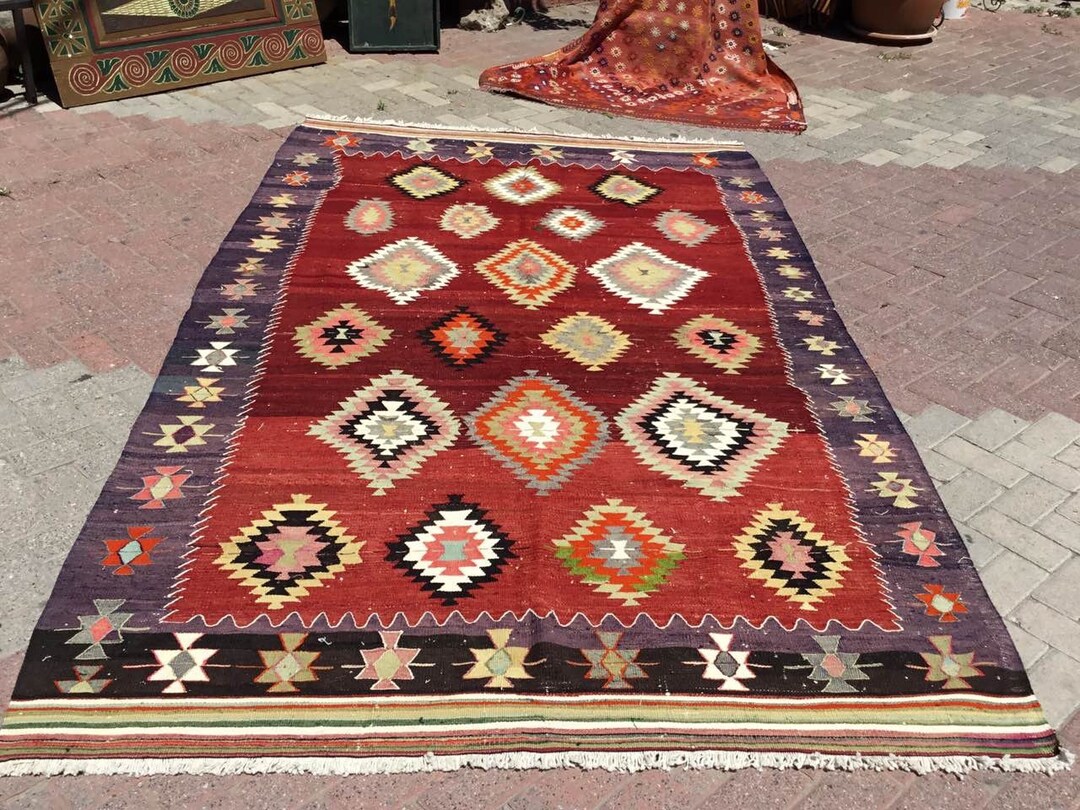 Red Kilim Rug, 121.5'' X 72.5'', Red and NAVY Rug, Red Area Rug, Kilim ...