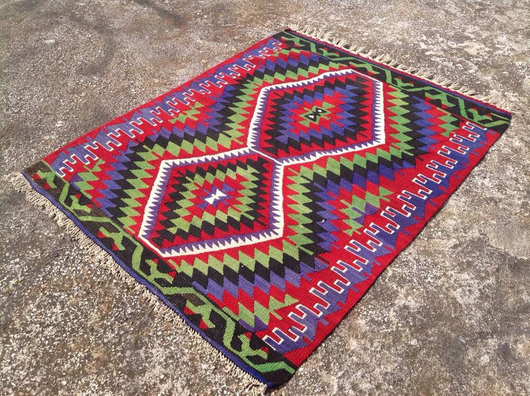 Red Blue and Green Kilim Rug, 48 X 38, Vintage Turkish Kilim Rug, Dowry