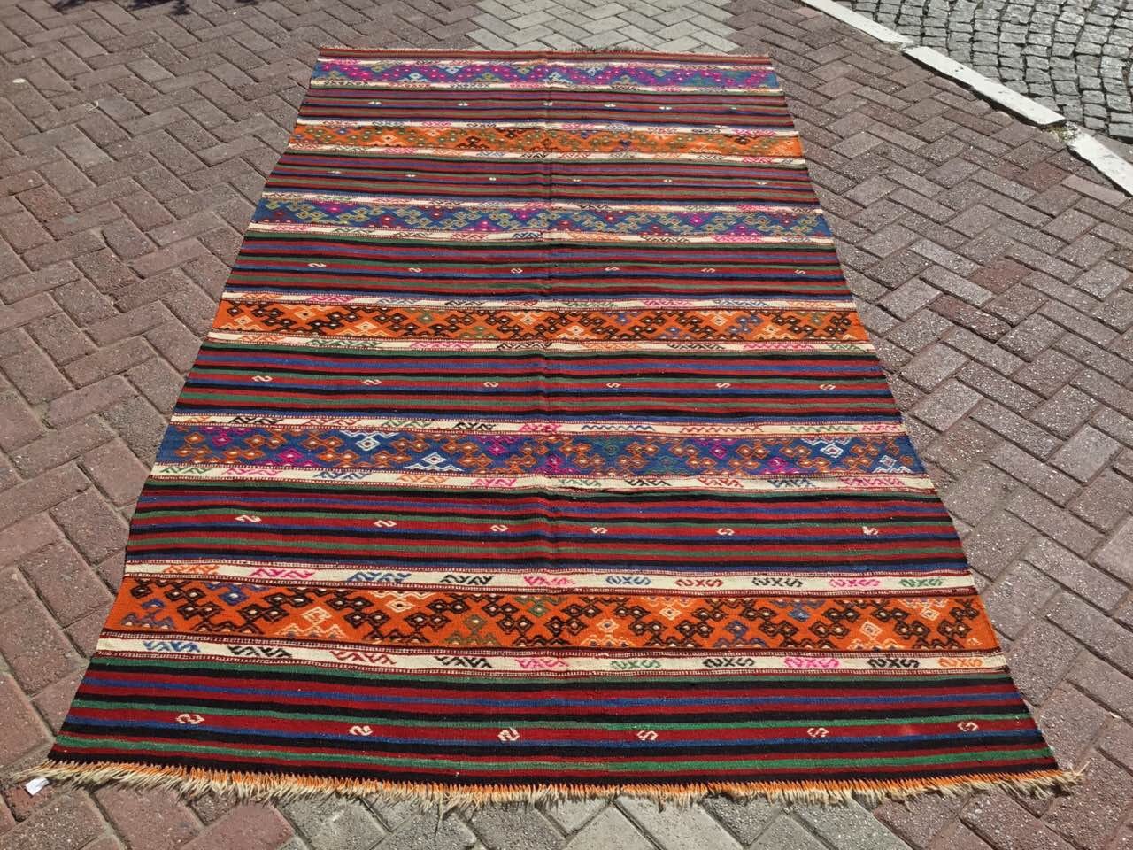 キリムラグ　ヴィンテージラグ　オレンジ　イエロー　ブラウン 最大3 OFFクーポンあり!】 キリム 柄 ラグ おしゃれ ラグマット 綿 190